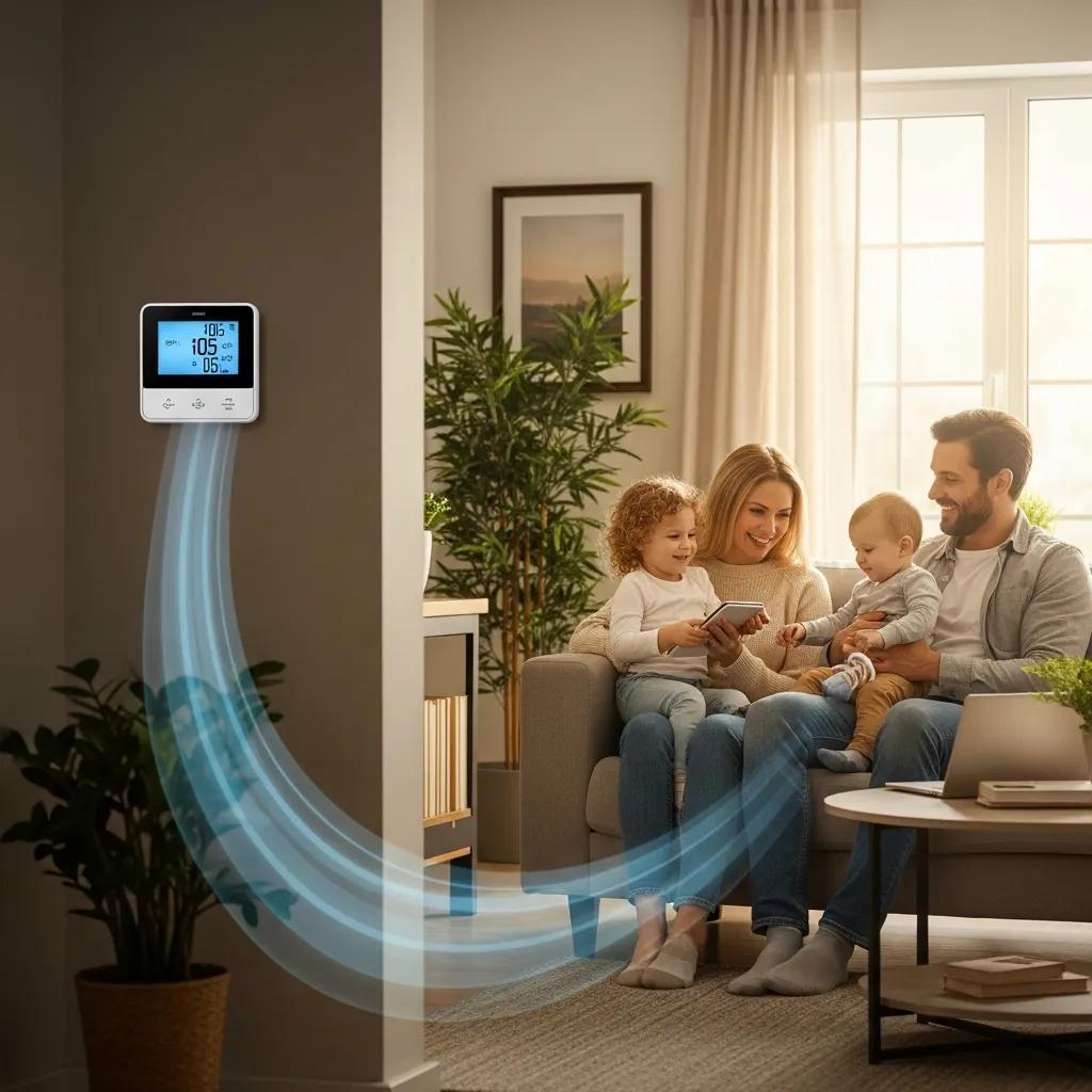 Family enjoying comfort in a home with an energy-efficient HVAC system and modern thermostat