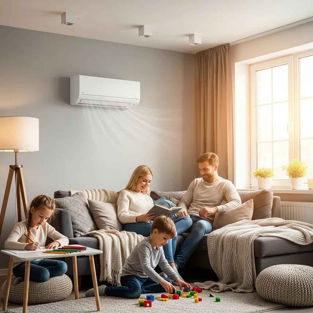 Family enjoying a comfortable indoor environment with a heat pump, illustrating maintenance benefits